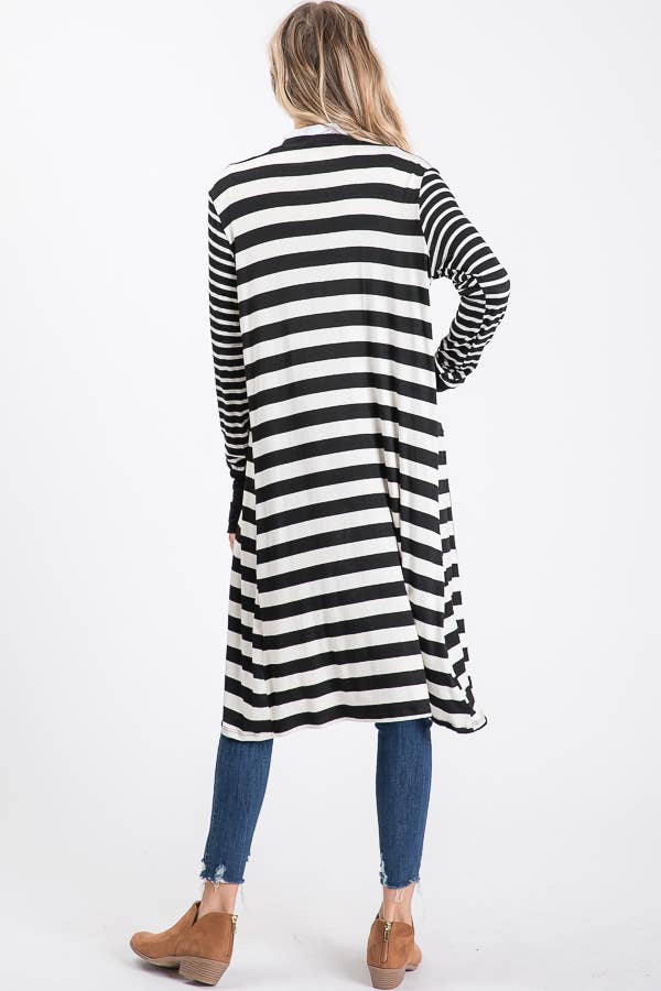 Striped Open front Thumbhole Maxi Cardigan