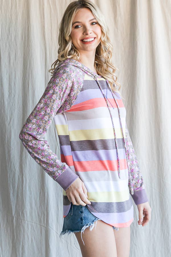 Stripe Floral Raglan Sleeve Hoodie