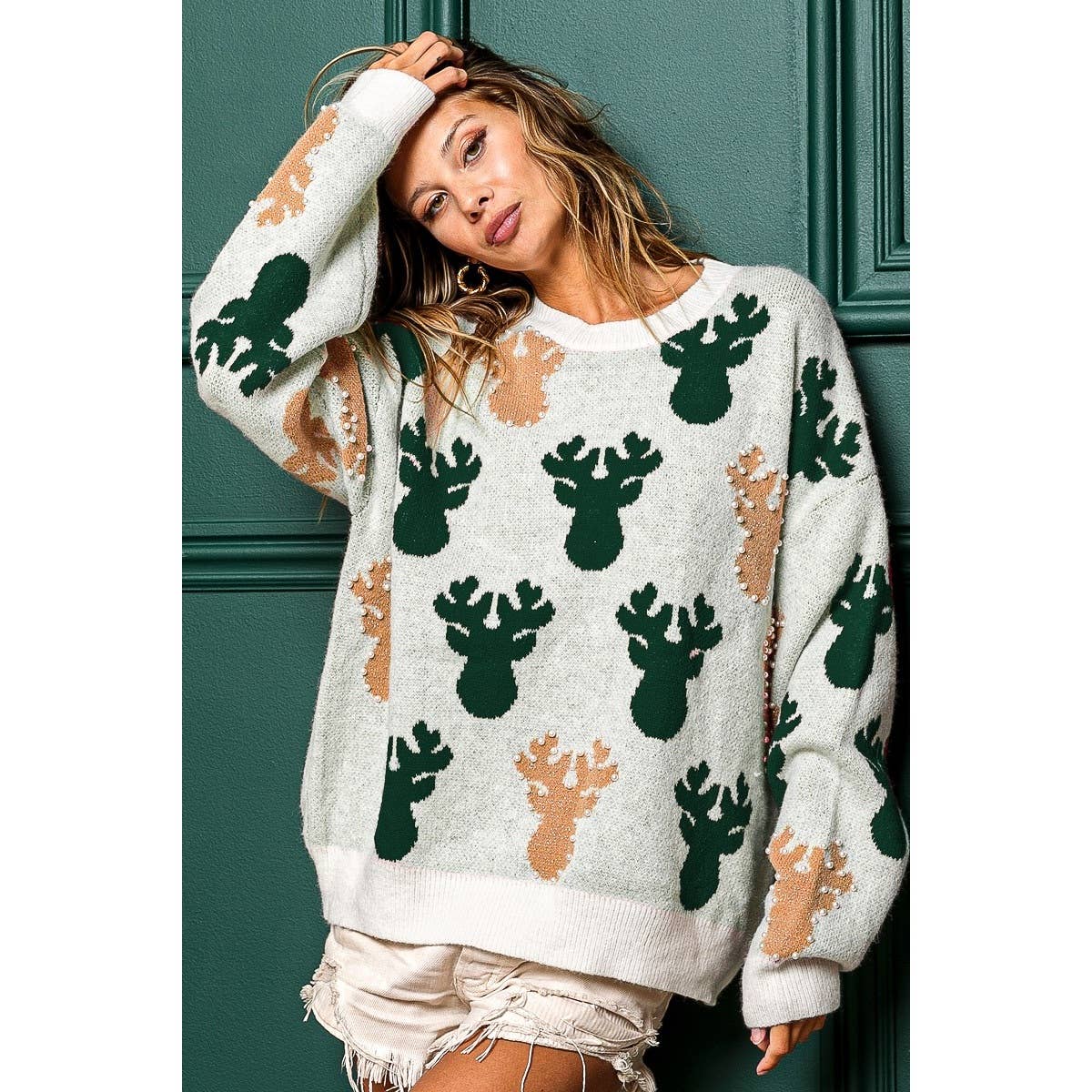 PEARL BEAD RUDOLPH CHRISTMAS SWEATER