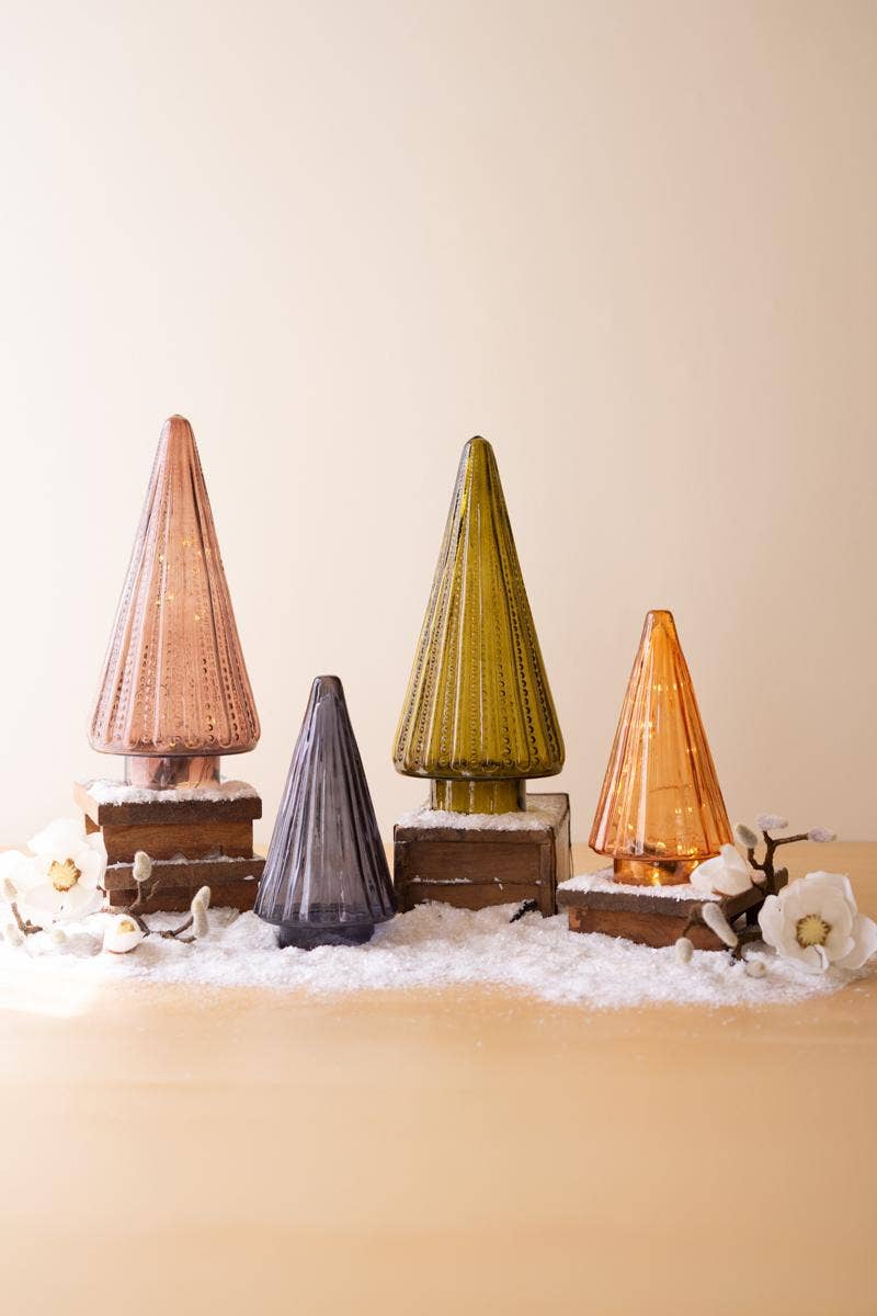 GLASS CHRISTMAS TREES - MULTI COLOR: Multi / Glass / Large (2): 7"d x 14.5"t; Small (2): 5"d x 9.5"t