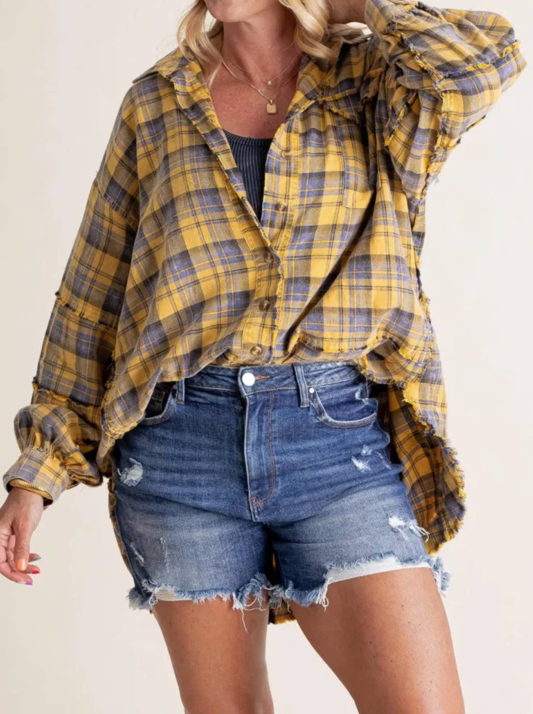 Yellow Oversize Button Down Raw Edge Plaid Shirt