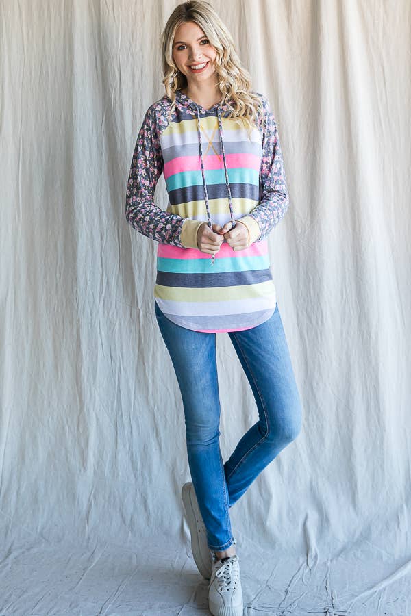 Stripe Floral Raglan Sleeve Hoodie