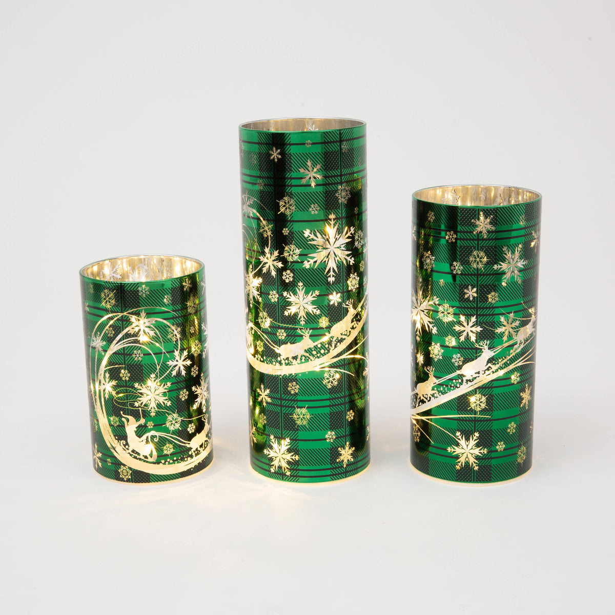 SET Lighted Glass Holiday Design Cylinder Luminaries w/ Timer