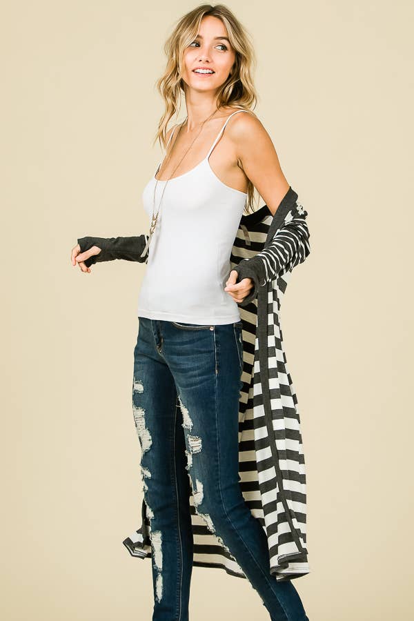 Striped Open front Thumbhole Maxi Cardigan