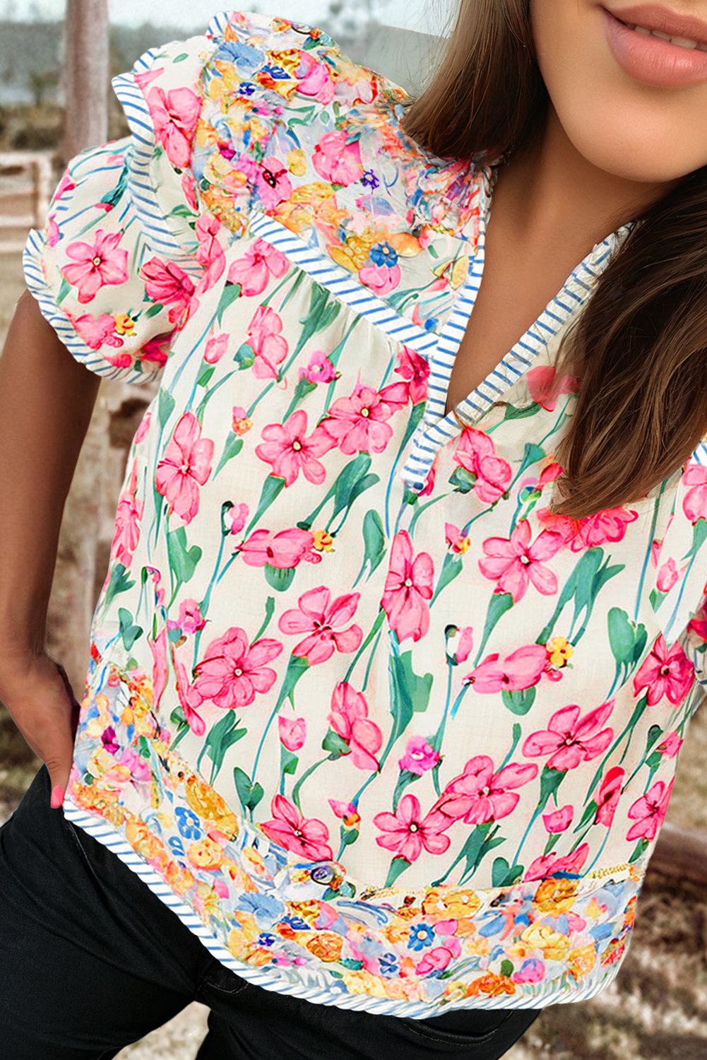 "Roe" Split Neck Short Sleeve Blouse