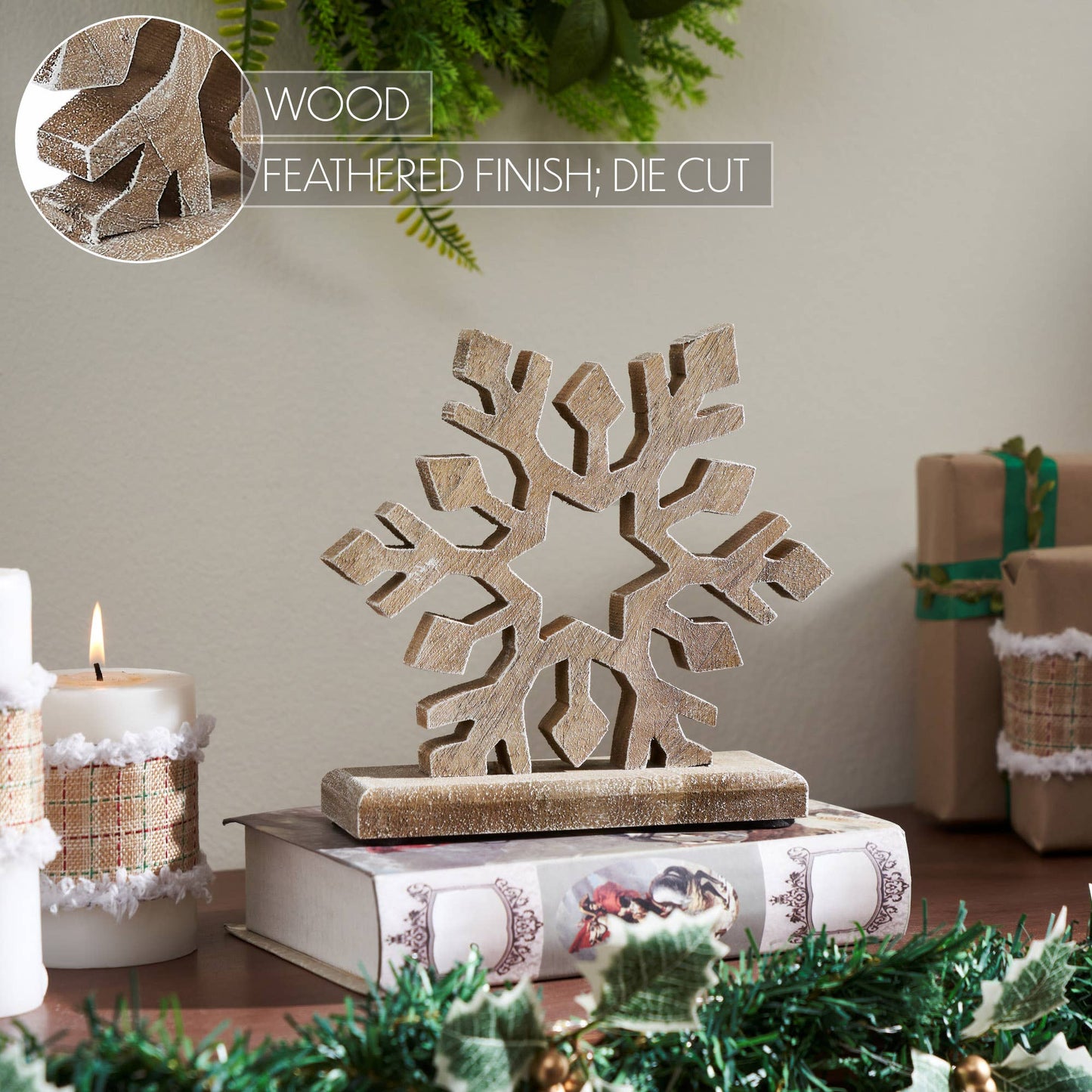 Feathered Finish Wooden Snowflake Natural 7.5x8x2.5