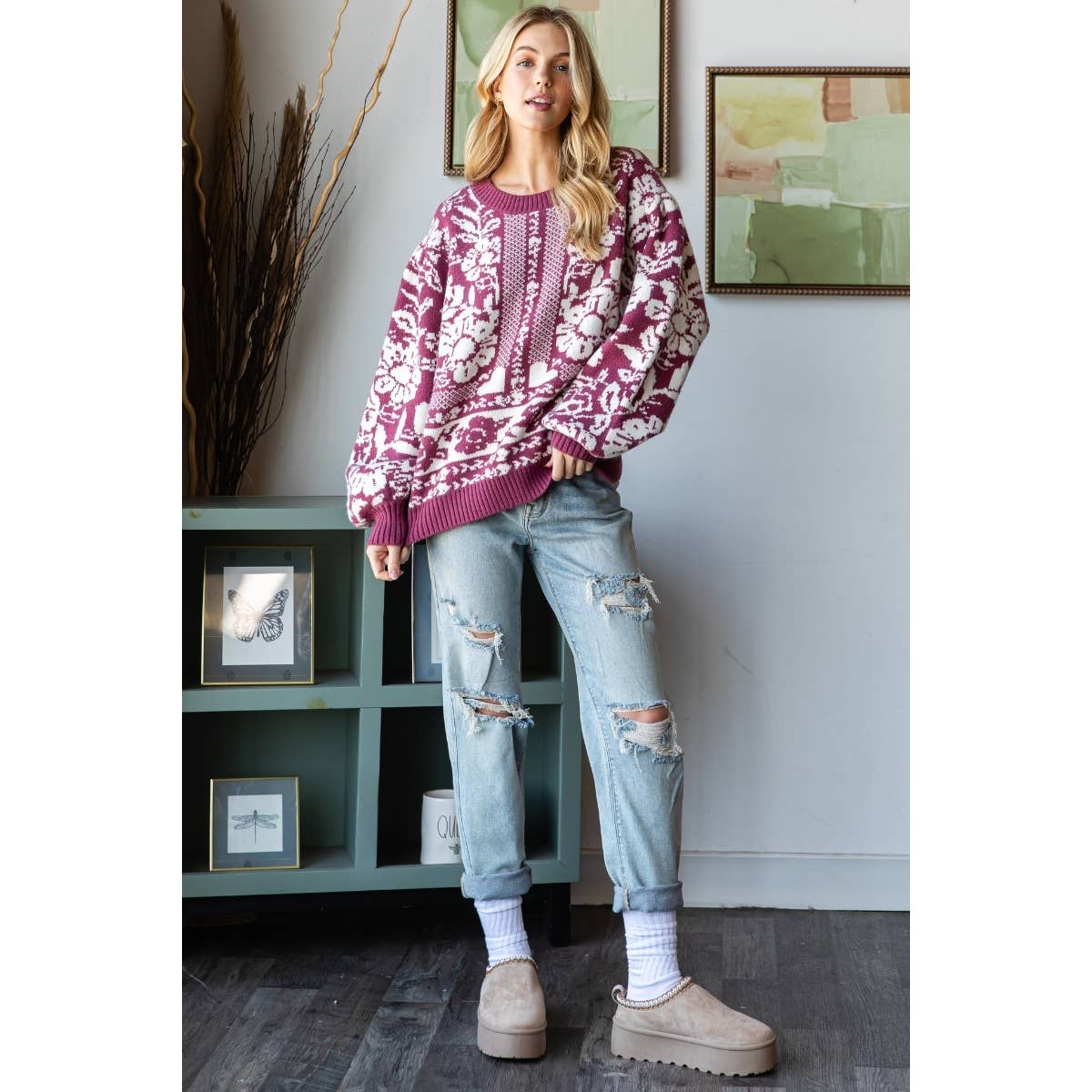 Garden Flower Knit Contrast Sweater Top : Masala