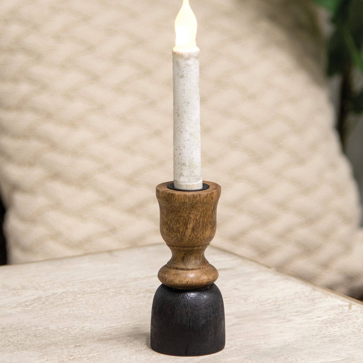 Black & Natural Wood Taper Candle Holder, 5.25"