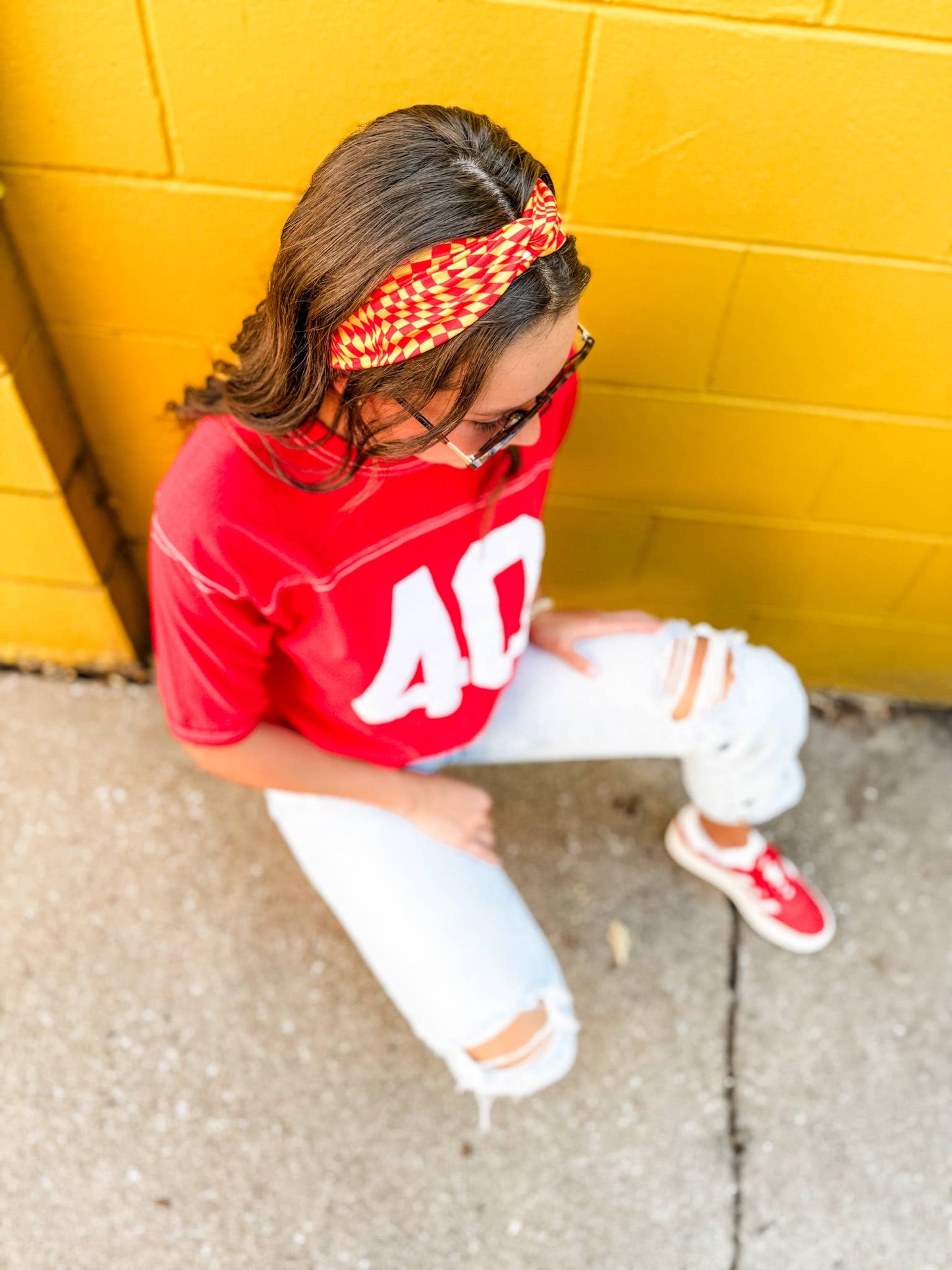 Scarlet/Gold Wavy Checkered Turband Headband