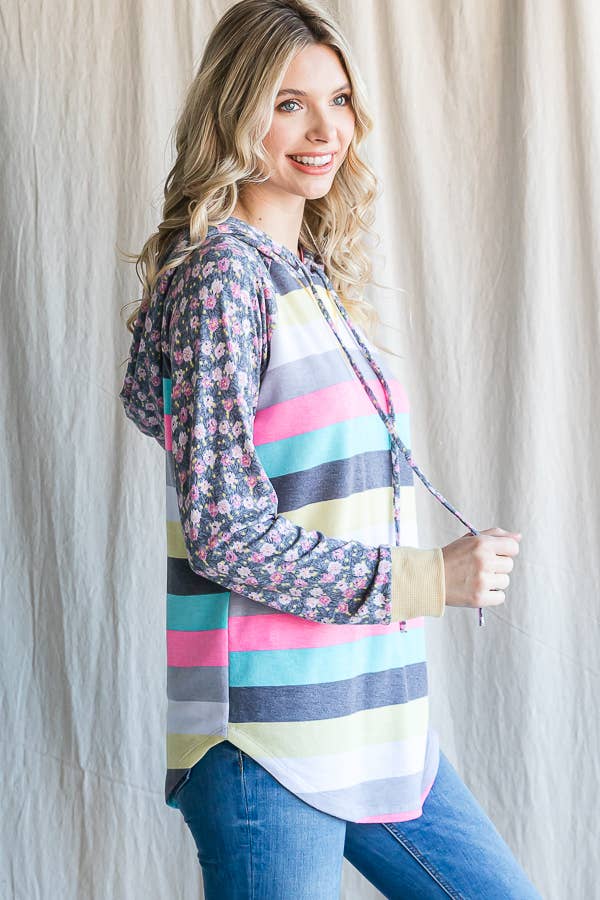 Stripe Floral Raglan Sleeve Hoodie