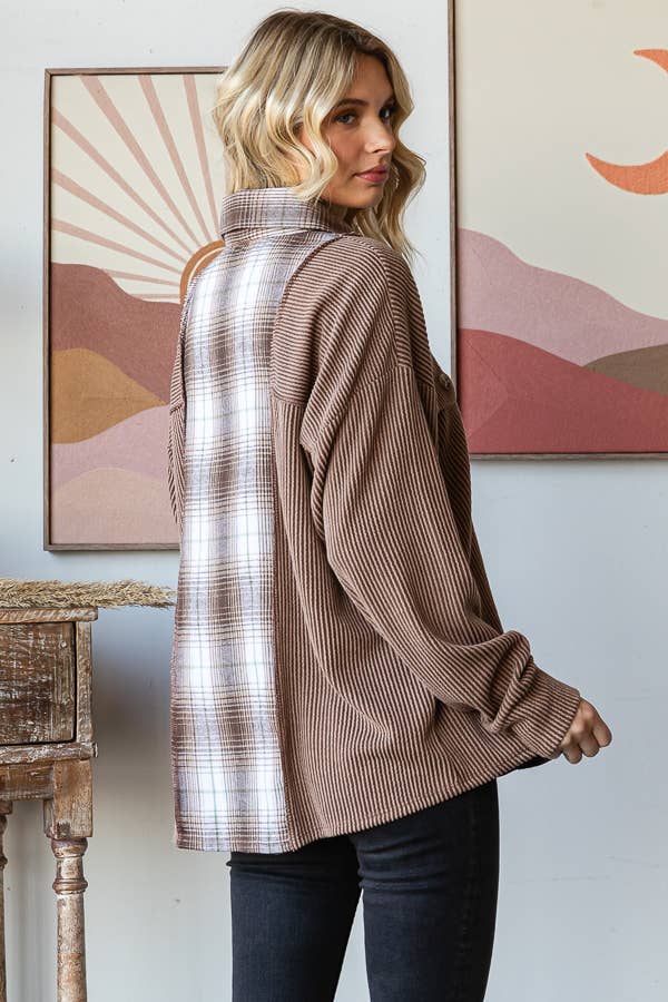 Rib Plaid Contrast Drop Shoulder Button Down Shacket