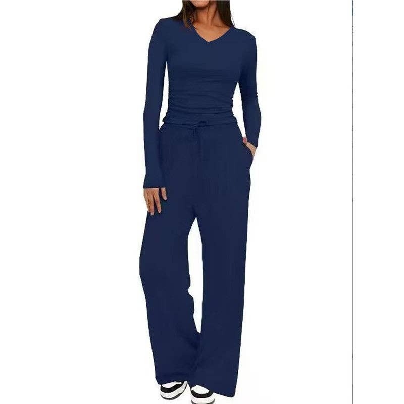 V-Neck Long Sleeve T-Shirt And Pants Set: NAVY BLUE