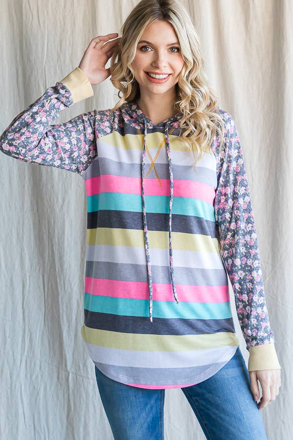 Stripe Floral Raglan Sleeve Hoodie