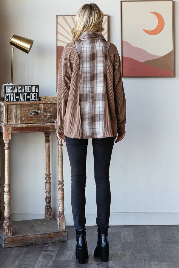 Rib Plaid Contrast Drop Shoulder Button Down Shacket
