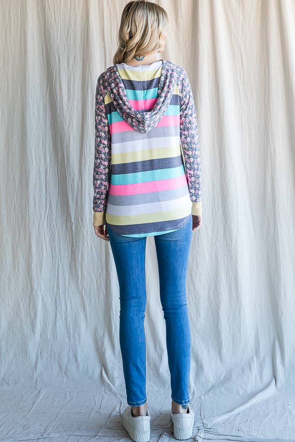 Stripe Floral Raglan Sleeve Hoodie