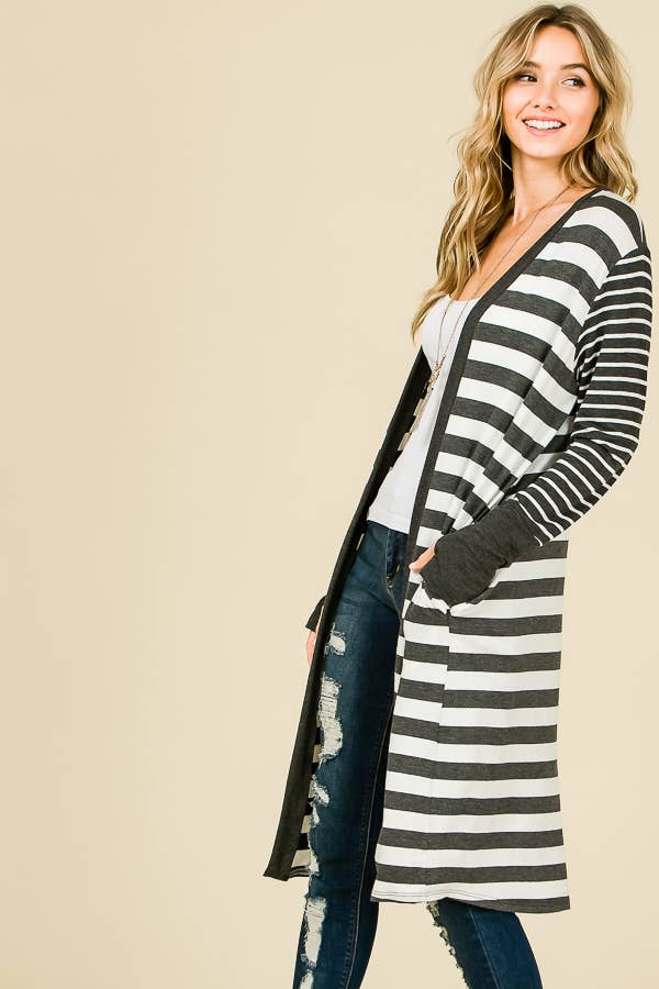 Striped Open front Thumbhole Maxi Cardigan