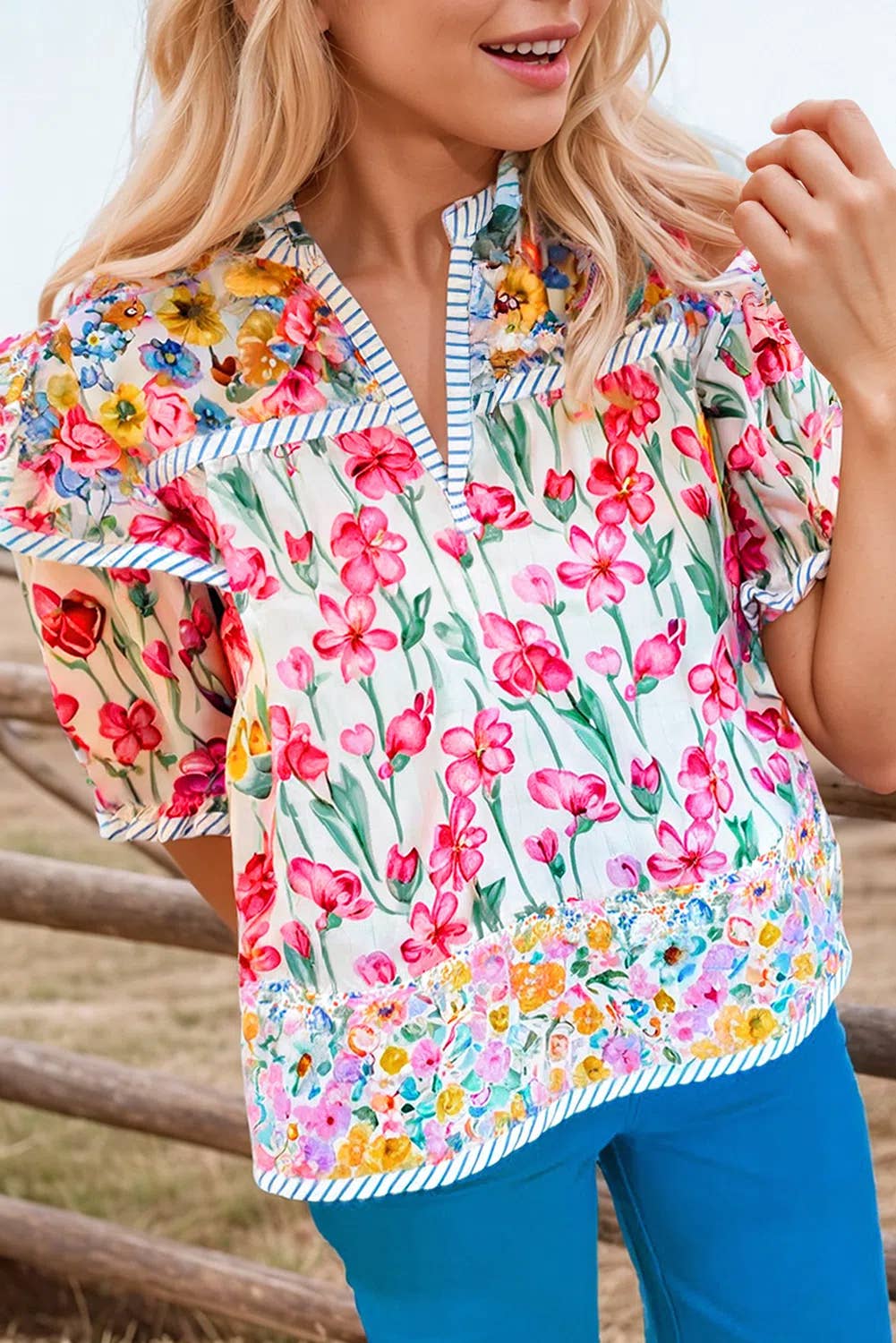 "Roe" Split Neck Short Sleeve Blouse