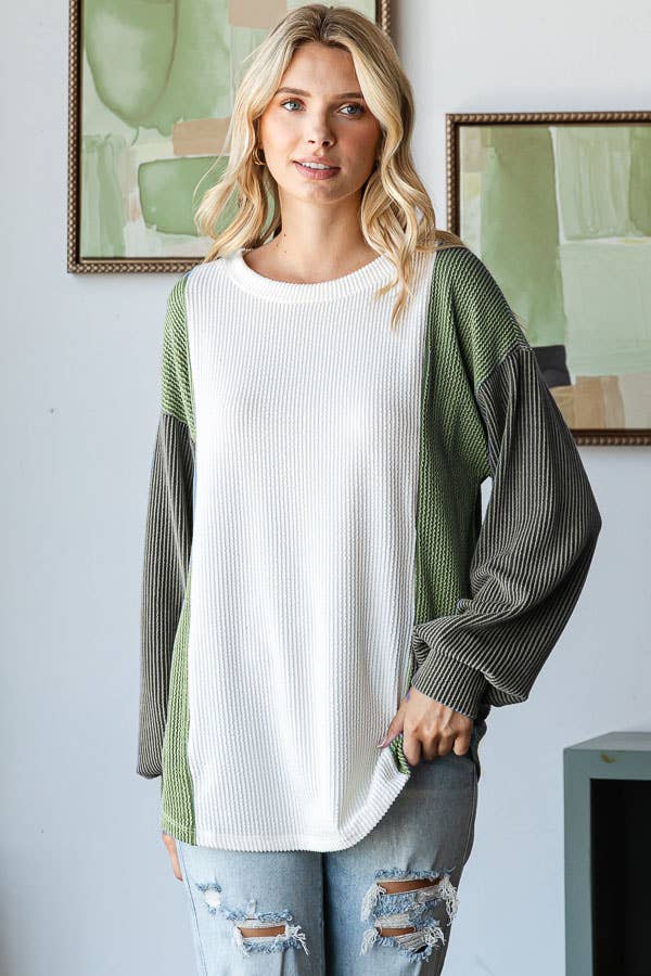 Color Block Off Shoulder Ribbed Knit Top
