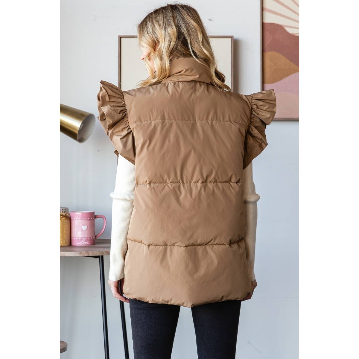 Ruffle Short Sleeve Padded Vest: Mocha