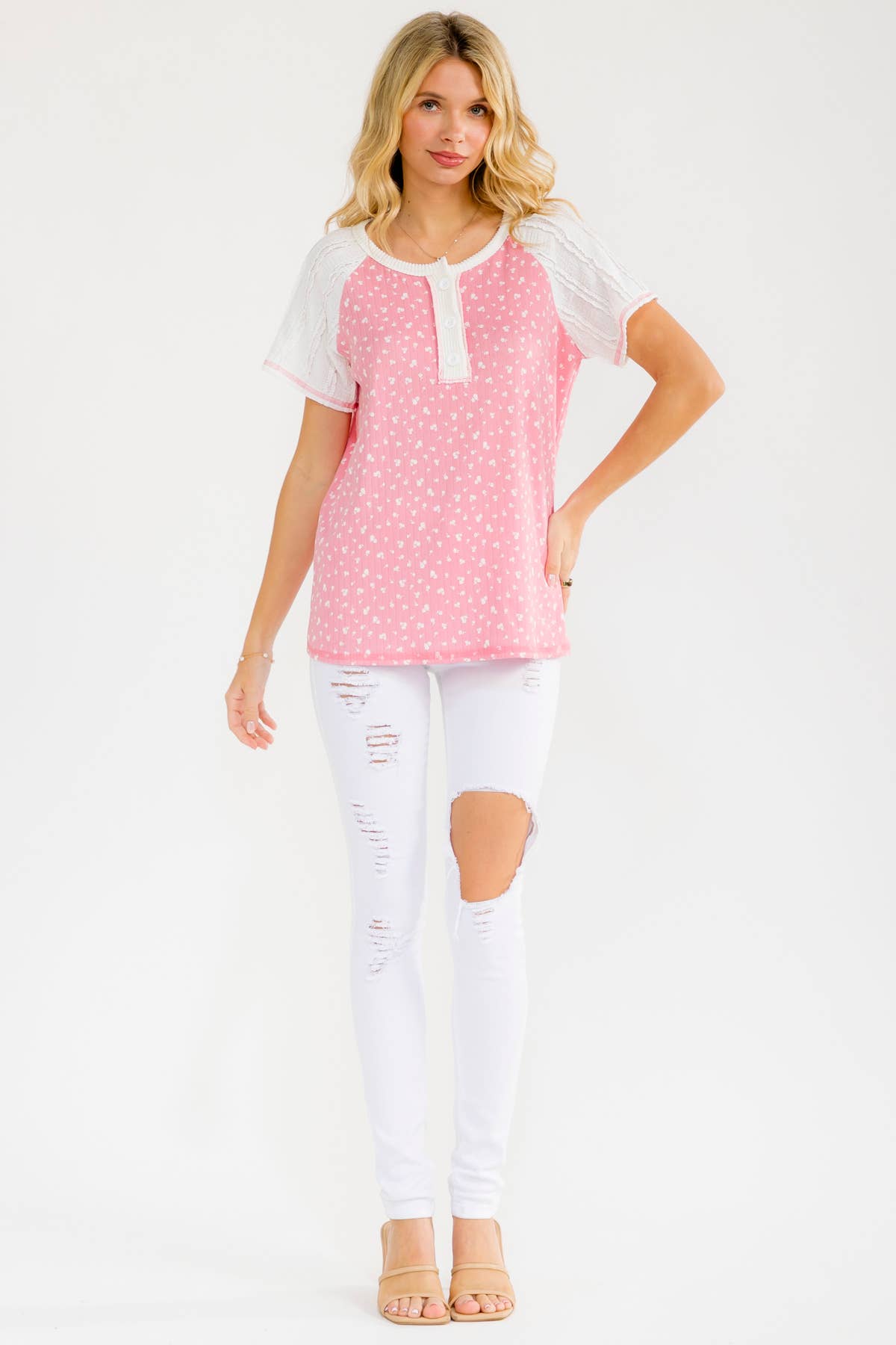 Floral Contrast Sleeve Henley