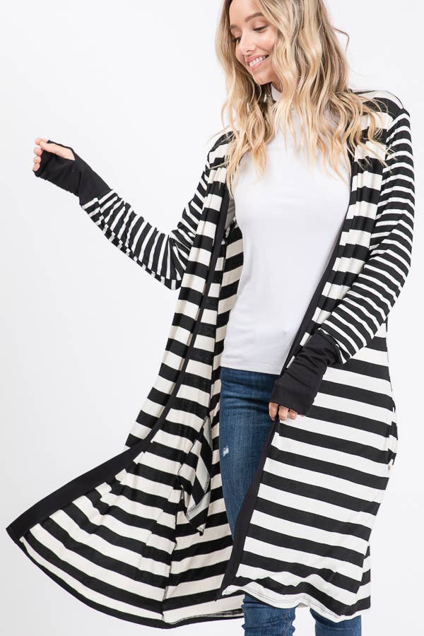 Striped Open front Thumbhole Maxi Cardigan