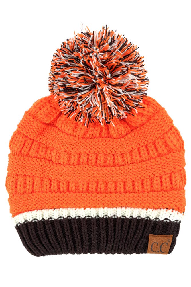 C.C Team Color Ribbed Beanie with Pom Winter Hat: 9.black/Gold