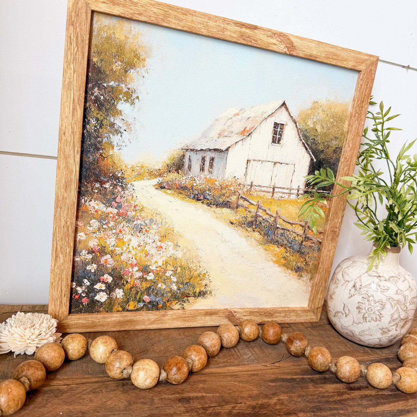 White Barn in Spring Wall Art Print: Light Frame / 10x10 Inches