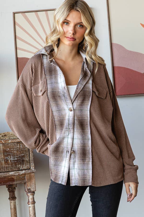 Rib Plaid Contrast Drop Shoulder Button Down Shacket