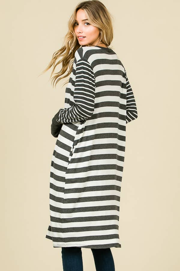 Striped Open front Thumbhole Maxi Cardigan