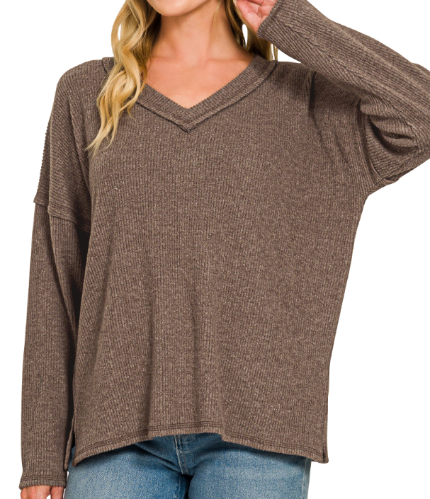 Ribbed v-neck drop shoulder top