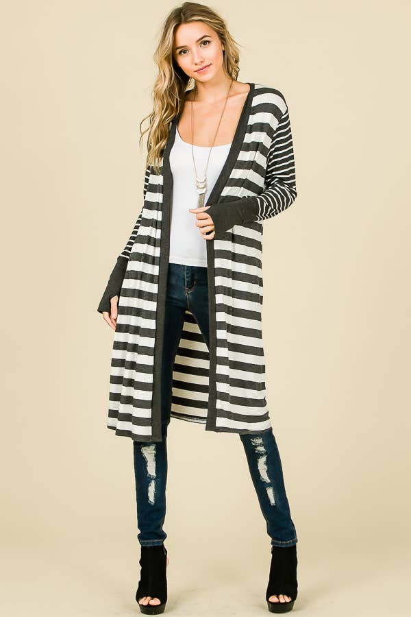 Striped Open front Thumbhole Maxi Cardigan