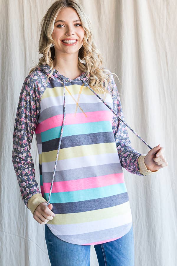 Stripe Floral Raglan Sleeve Hoodie