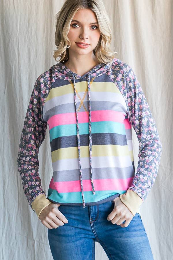 Stripe Floral Raglan Sleeve Hoodie