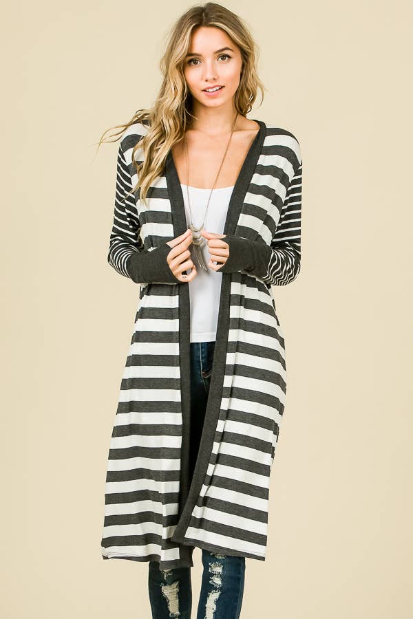 Striped Open front Thumbhole Maxi Cardigan