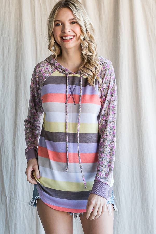 Stripe Floral Raglan Sleeve Hoodie
