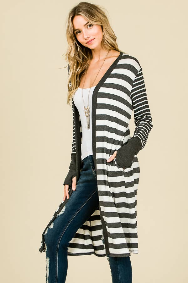 Striped Open front Thumbhole Maxi Cardigan