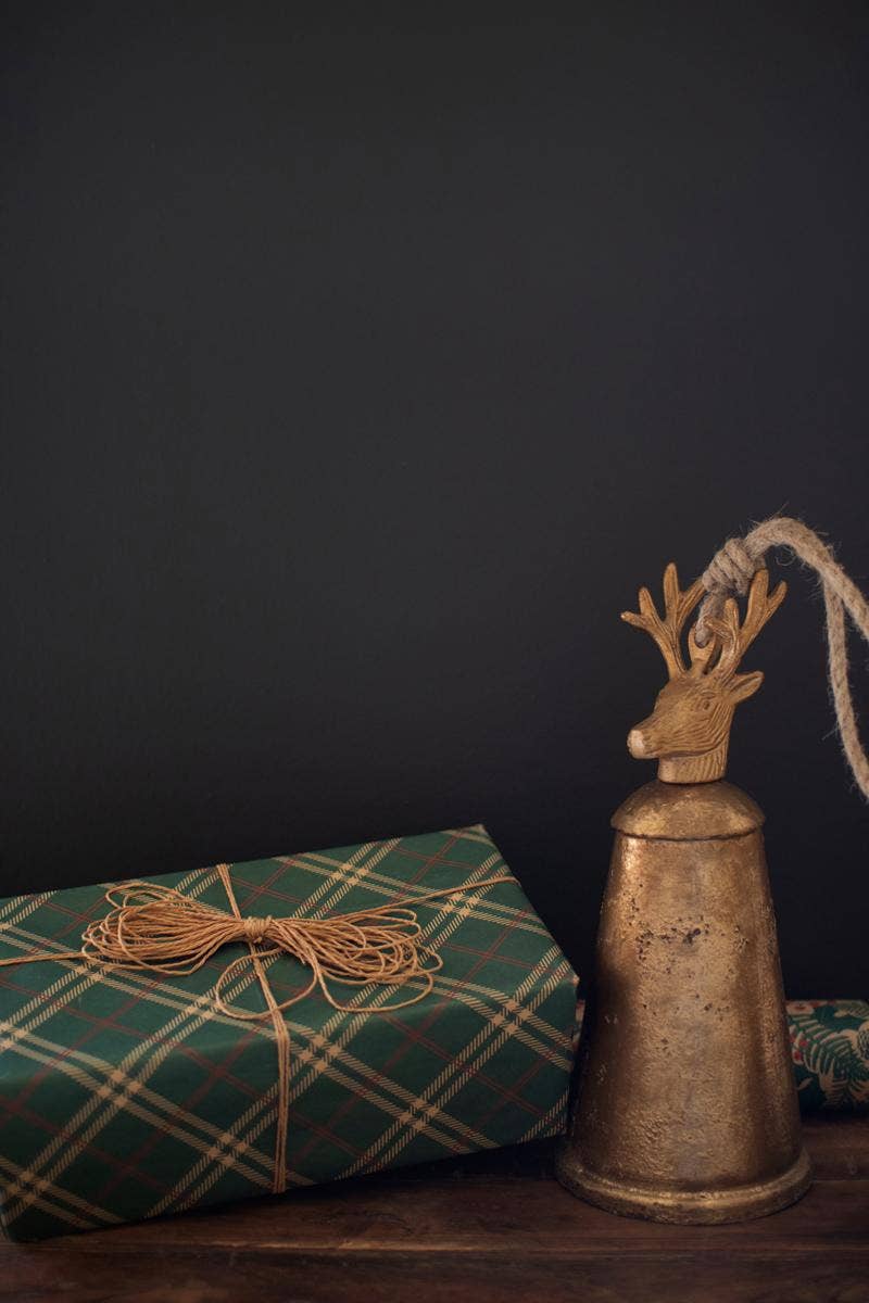 ANTIQUE GOLD METAL CHRISTMAS BELLS W DEER FINIALS