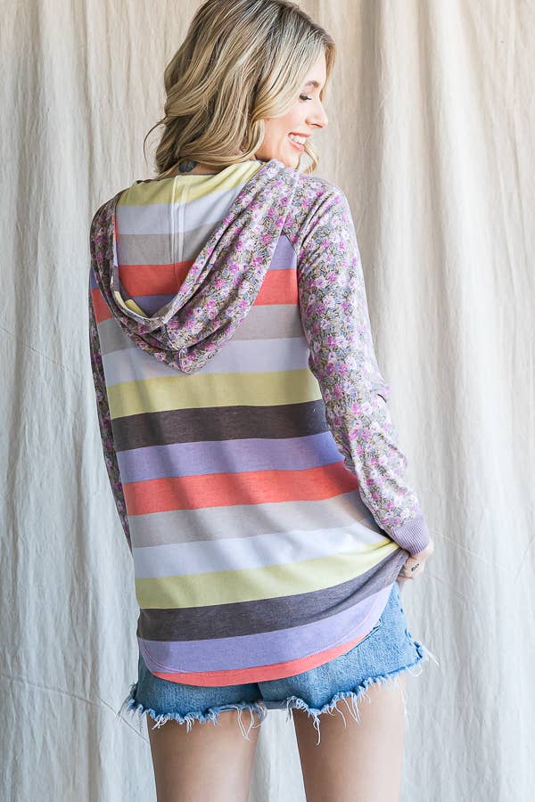 Stripe Floral Raglan Sleeve Hoodie