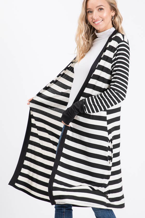 Striped Open front Thumbhole Maxi Cardigan