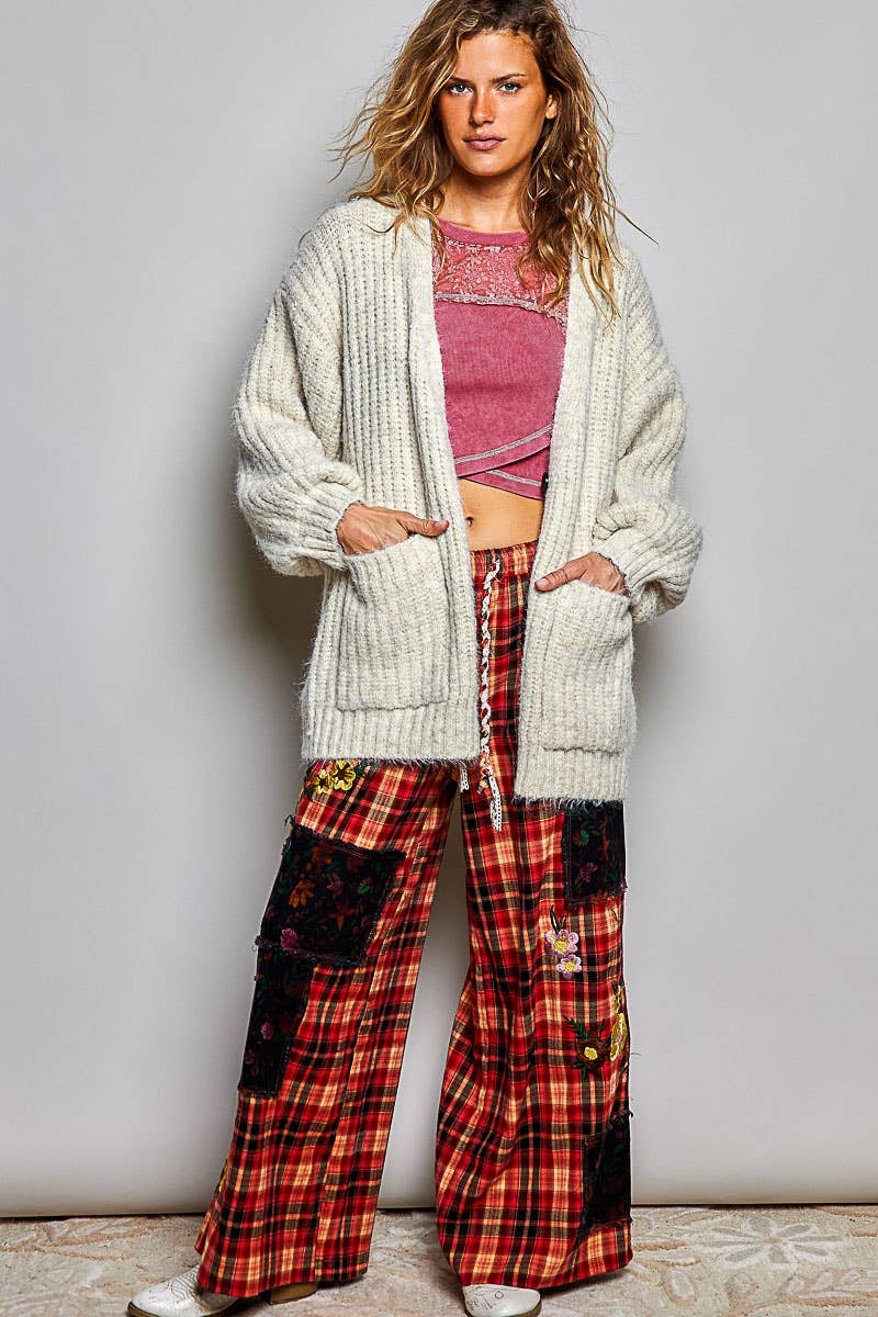 Oversized Ribbed Knit V-Neck Button Pockets Cardigan ALMOND / OS