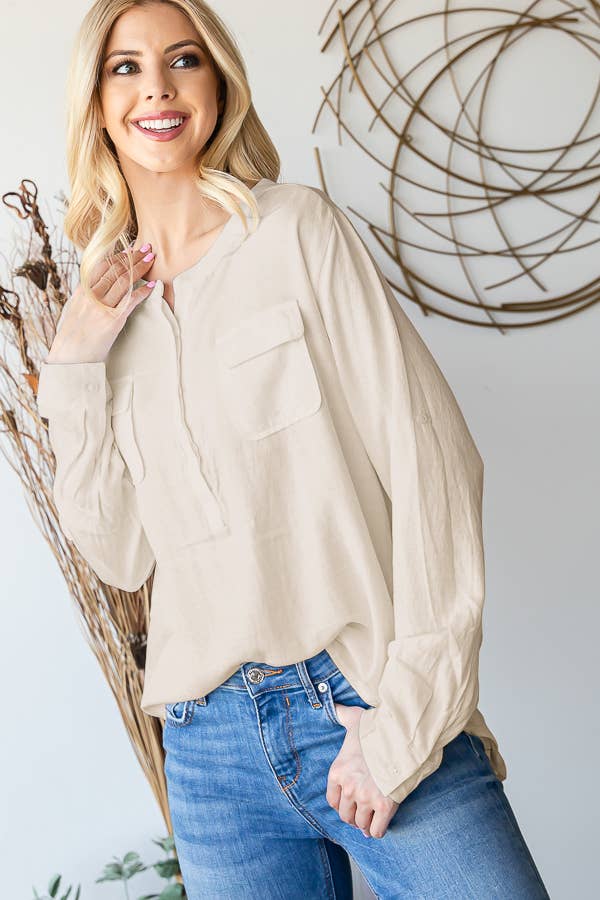 LS ROUND NECK BUTTON DOWN BLOUSE: BLUE