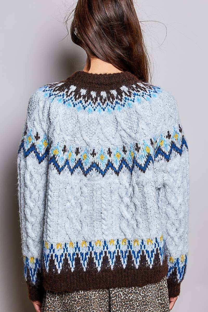 Cable Knit Ribbed Trim Sweater LIGHT GREY / OS