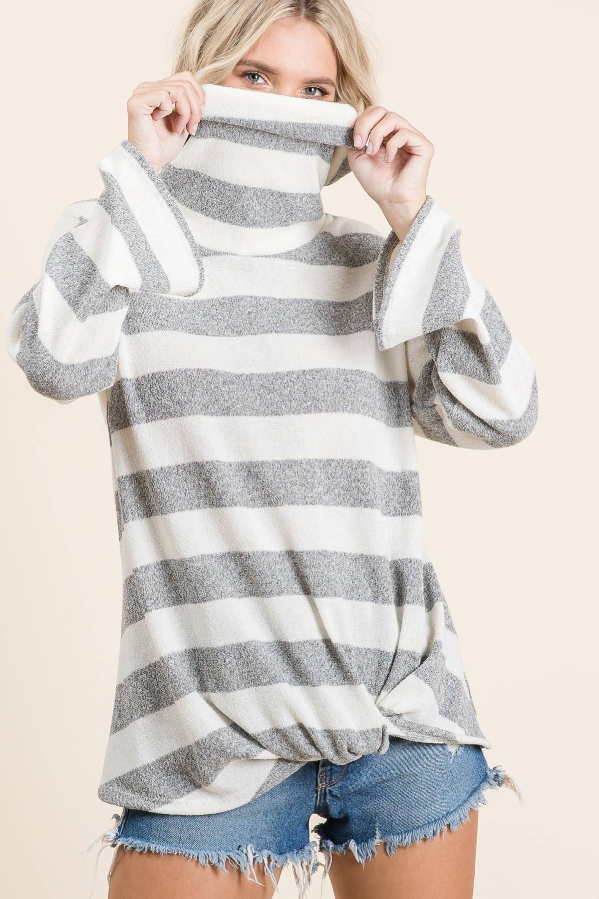 Striped Funnel Neck Knit Top: Cream