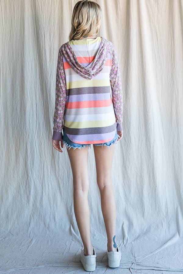 Stripe Floral Raglan Sleeve Hoodie