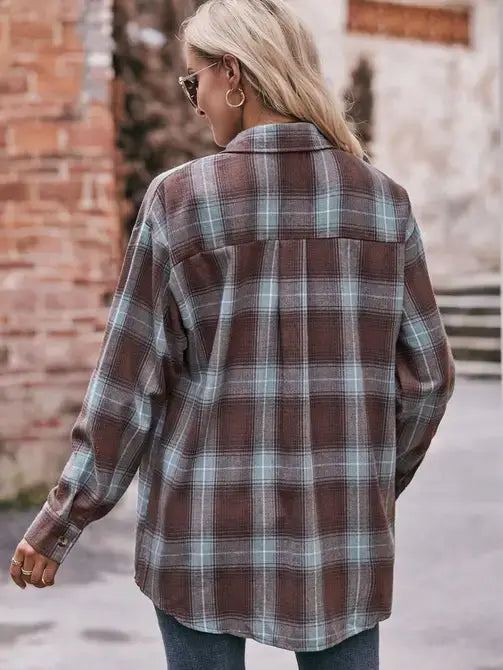 Oversized Loose Plaid Shirt Coffee