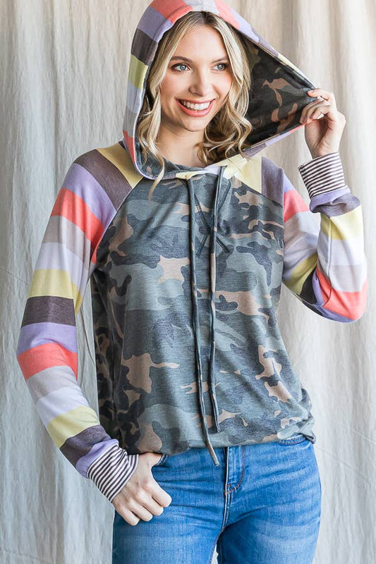 Camo Print Stripe Raglan Sleeve Hoodie