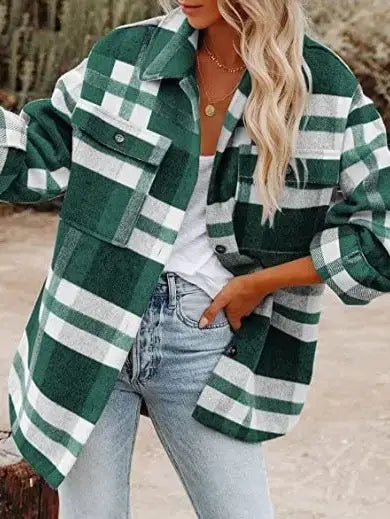 Green Plaid Button Flannel Shirt Jacket: Green