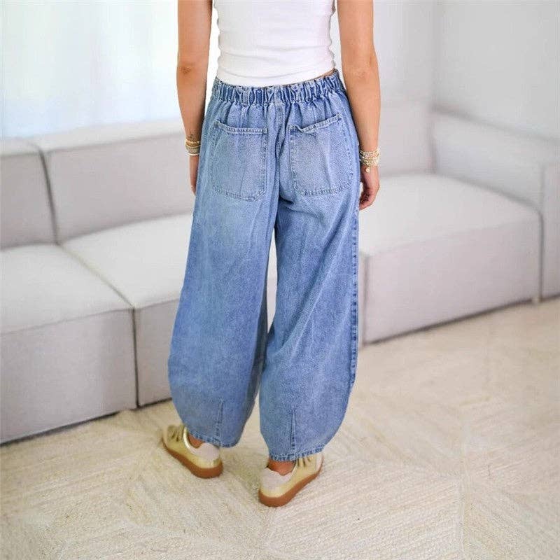 Elastic Waist Drawstring Jeans: BABY BLUE