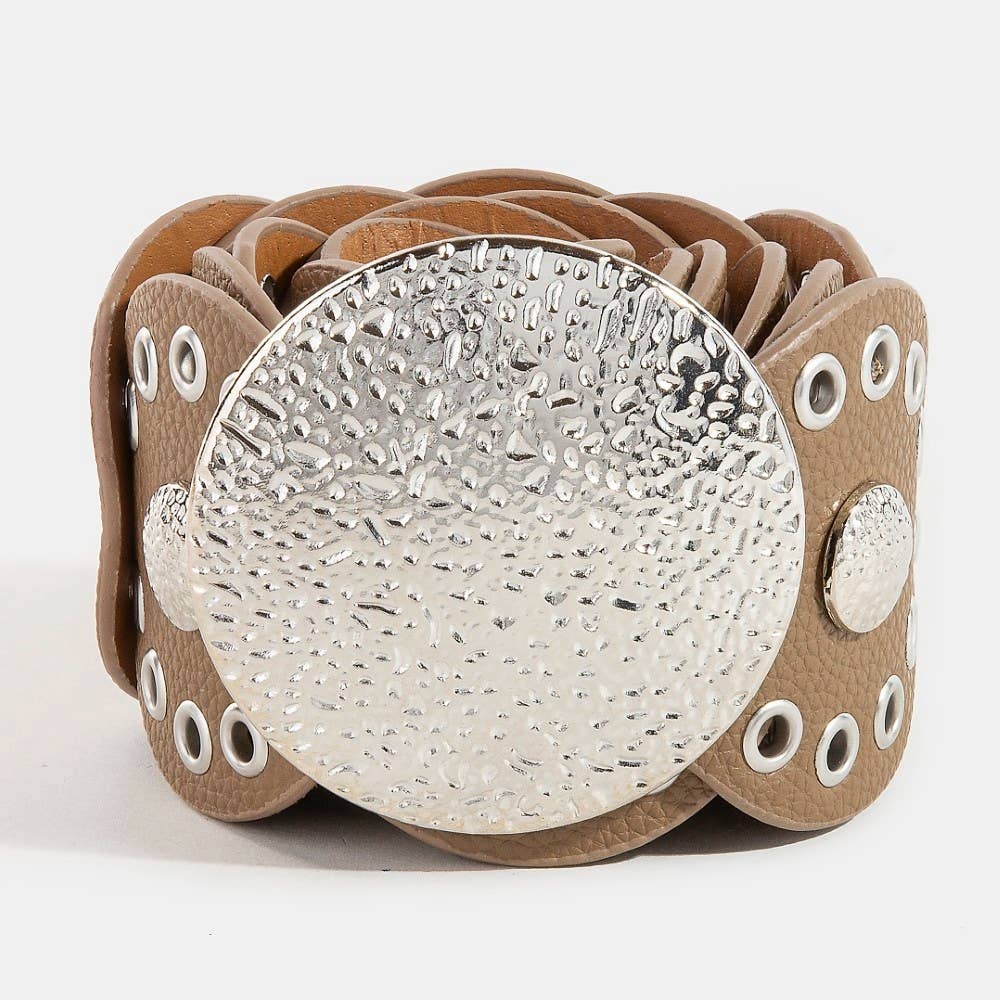 Hammered Disc Accent Panel Link Vegan Leather Belt