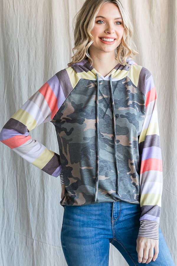 Camo Print Stripe Raglan Sleeve Hoodie